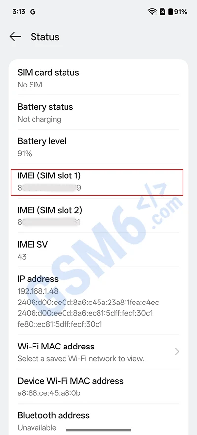 OnePlus About Device showing IMEI number