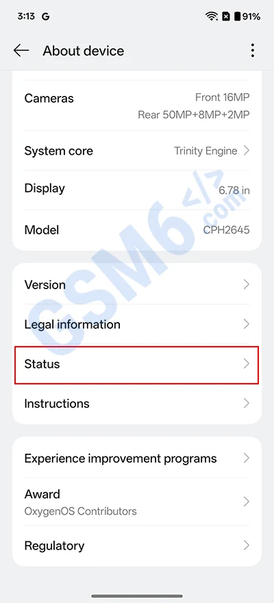 OnePlus About Device showing IMEI number